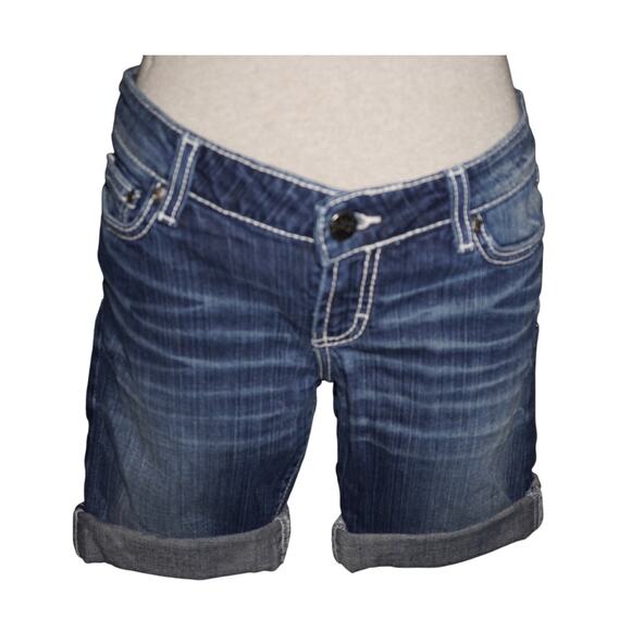 BKE Denim Sabrina Jean Shorts Size 27 Mid Rise Cuffed Blue Distressed Rhinestone - Picture 1 of 9